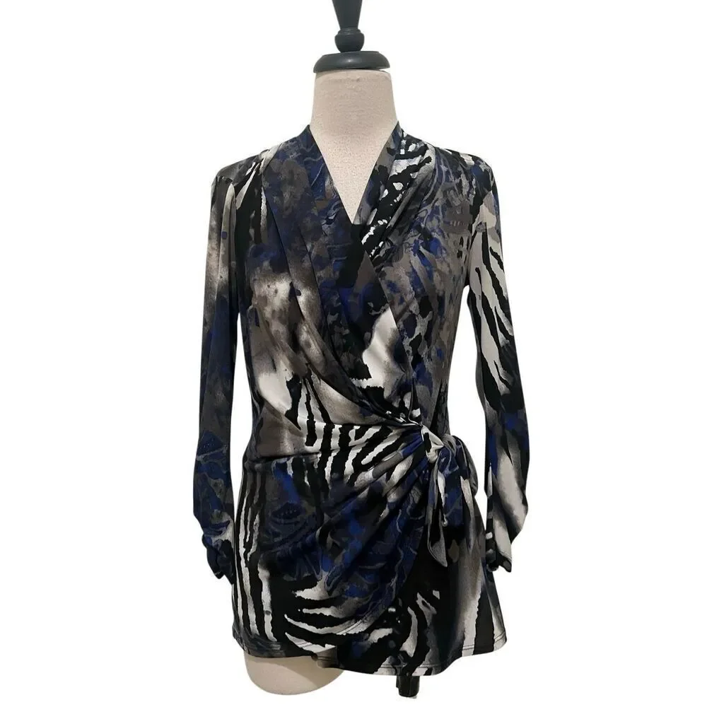 Cache Women's Abstract Zebra Print Tie Front Wrap Tunic Top Blue Grey Small